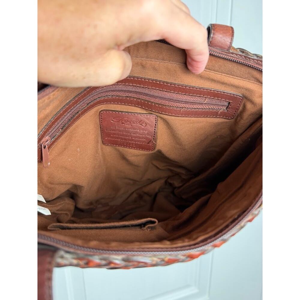 Vintage FOSSIL Brown Woven Leather Tote Handbag Basket Weave Shoulder Bag - Picture 8 of 13